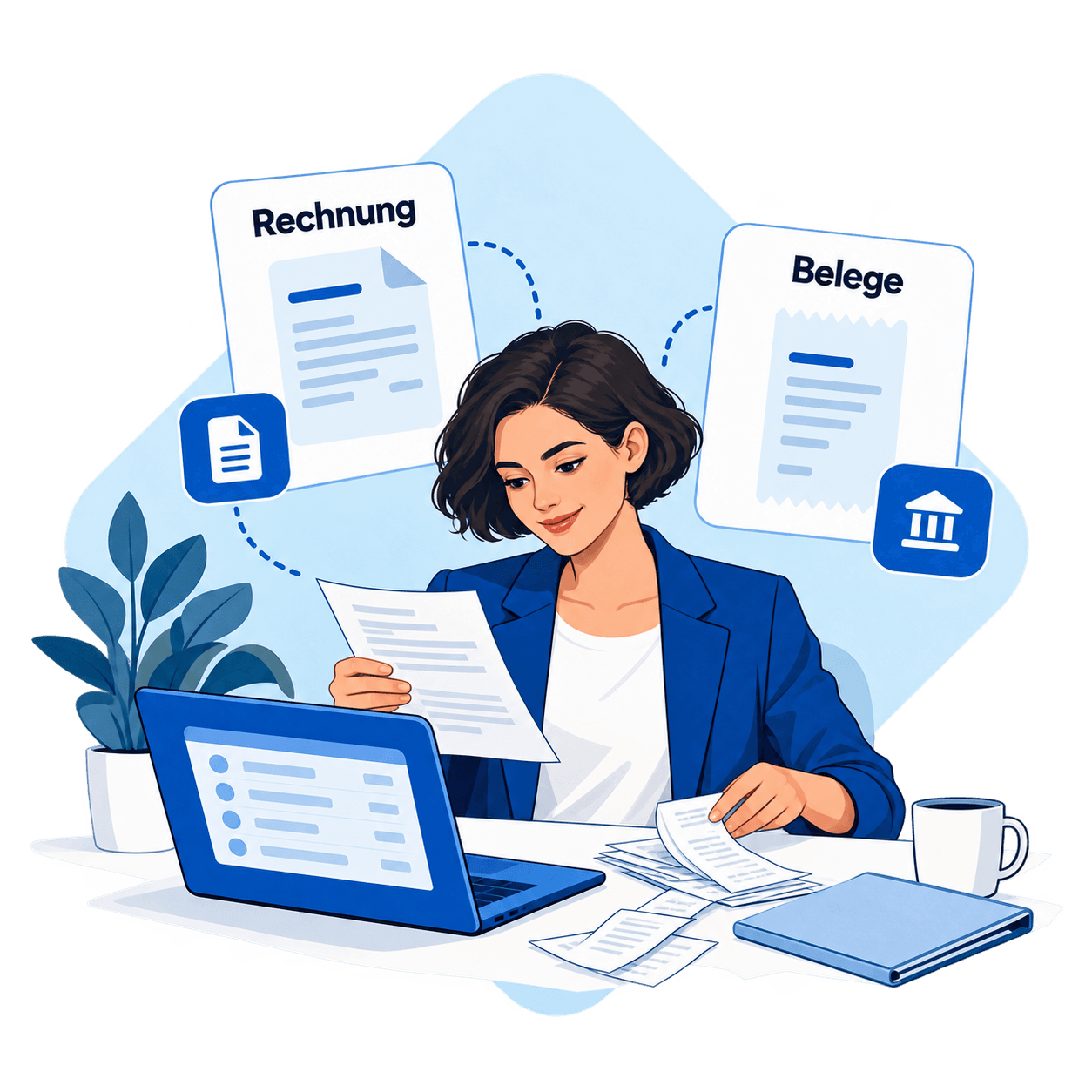 Eine illustrierte Unternehmerin ordnet Rechnungen und Belege neben einem Laptop.