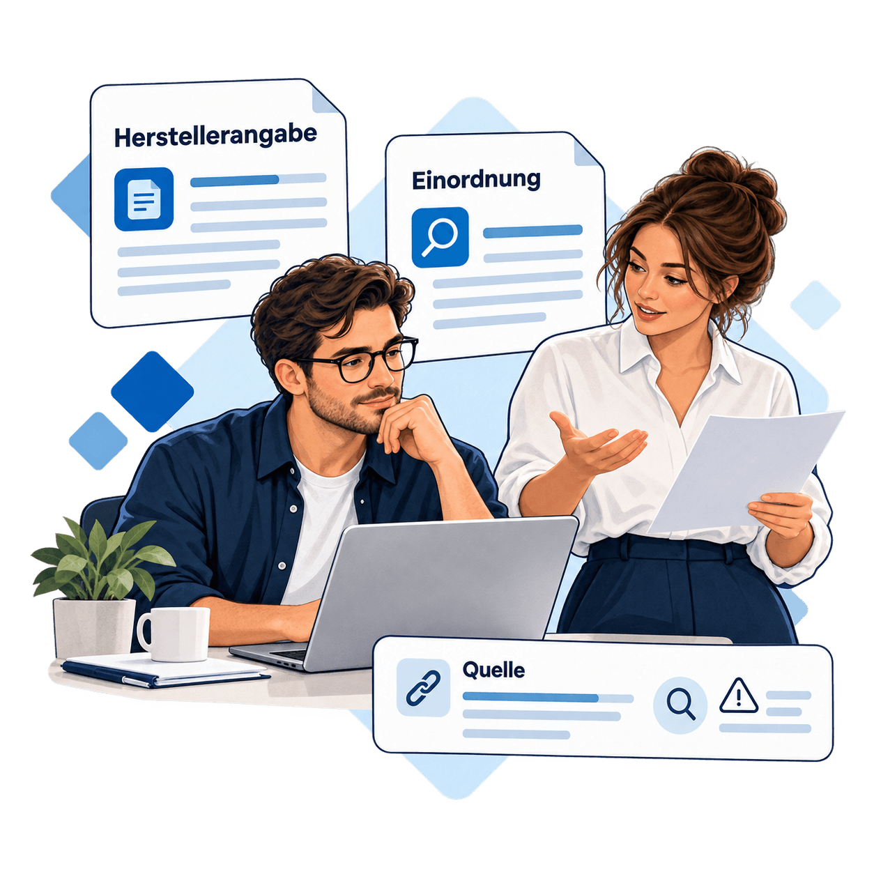 Illustration einer Redaktion, die Herstellerangaben, Quellen und Grenzen einer Software einordnet.