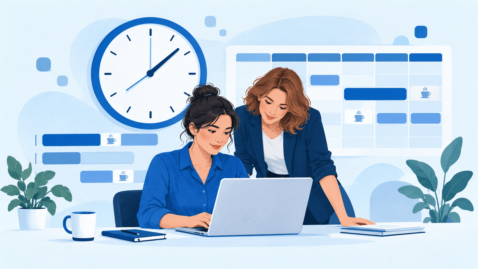Zwei Kolleginnen organisieren Arbeitszeiten und Pausen mit einer digitalen Übersicht.