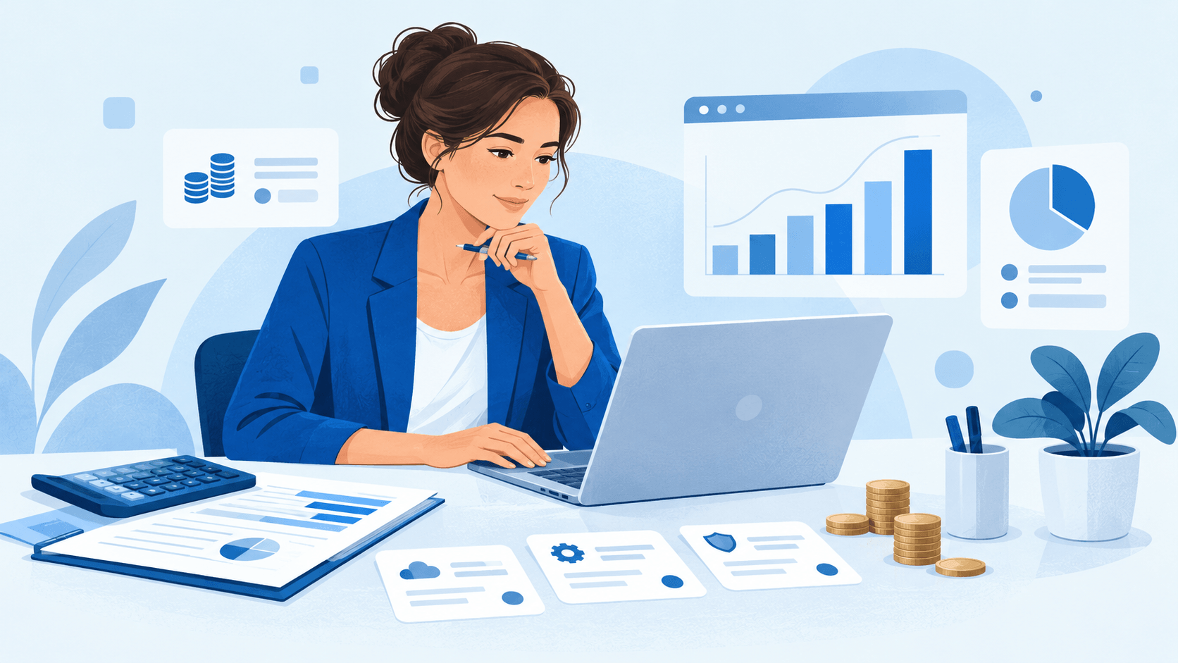 Eine Unternehmerin berechnet Softwarekosten und das Budget für ein ganzes Jahr.