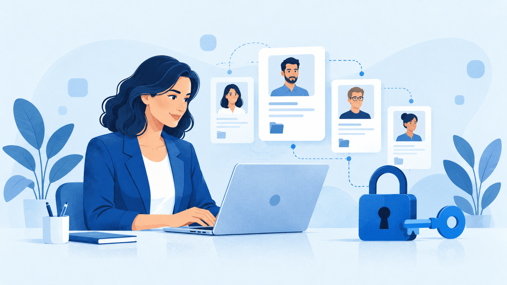 Eine Personalverantwortliche verwaltet digitale Mitarbeiterakten mit geregelten Zugriffsrechten.