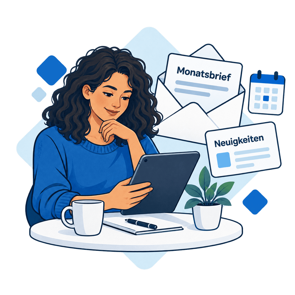 Eine illustrierte Person liest einen Monatsbrief über Software, Preise und Fristen.