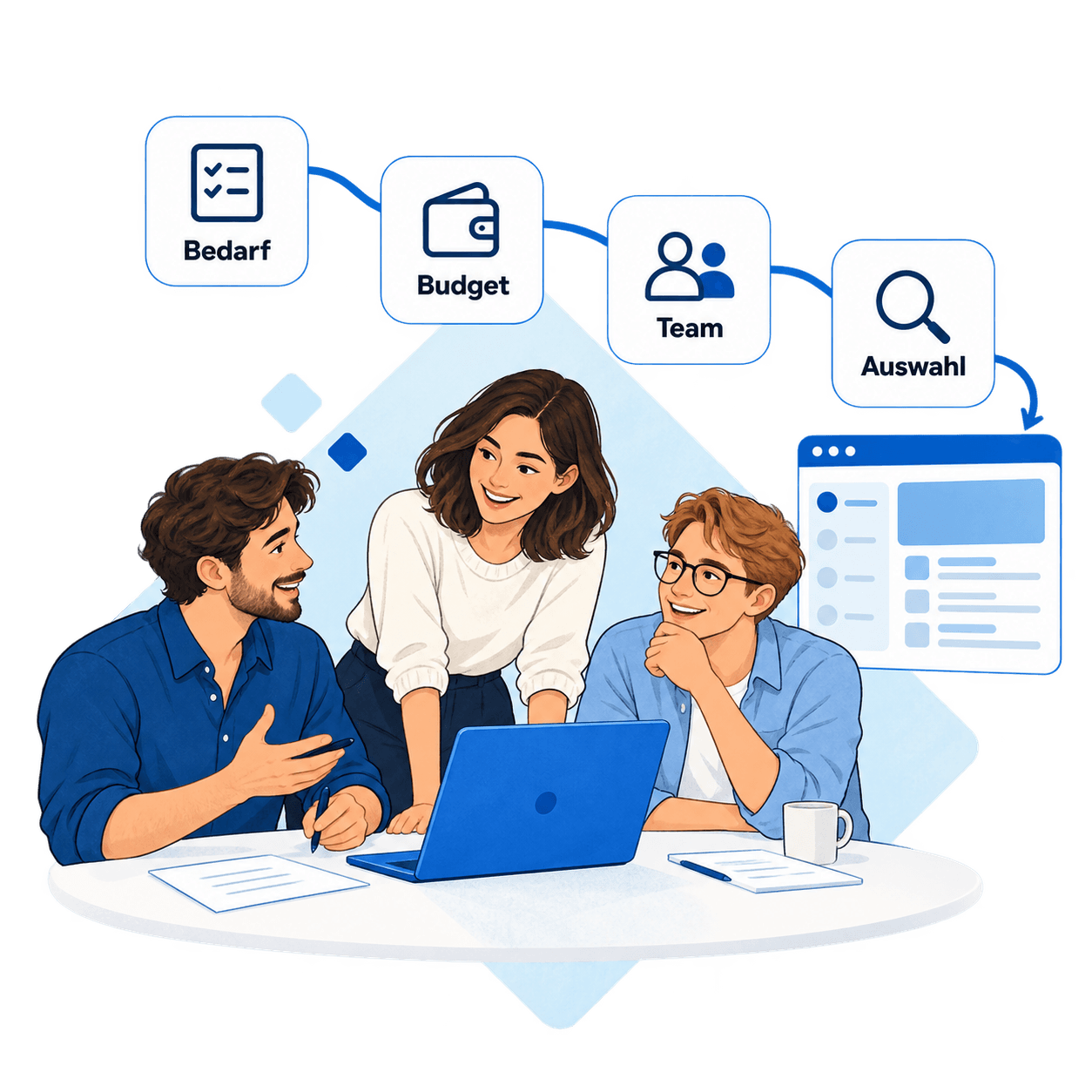 Ein illustriertes Büroteam plant seine Softwareauswahl anhand von Bedarf, Budget und Team.