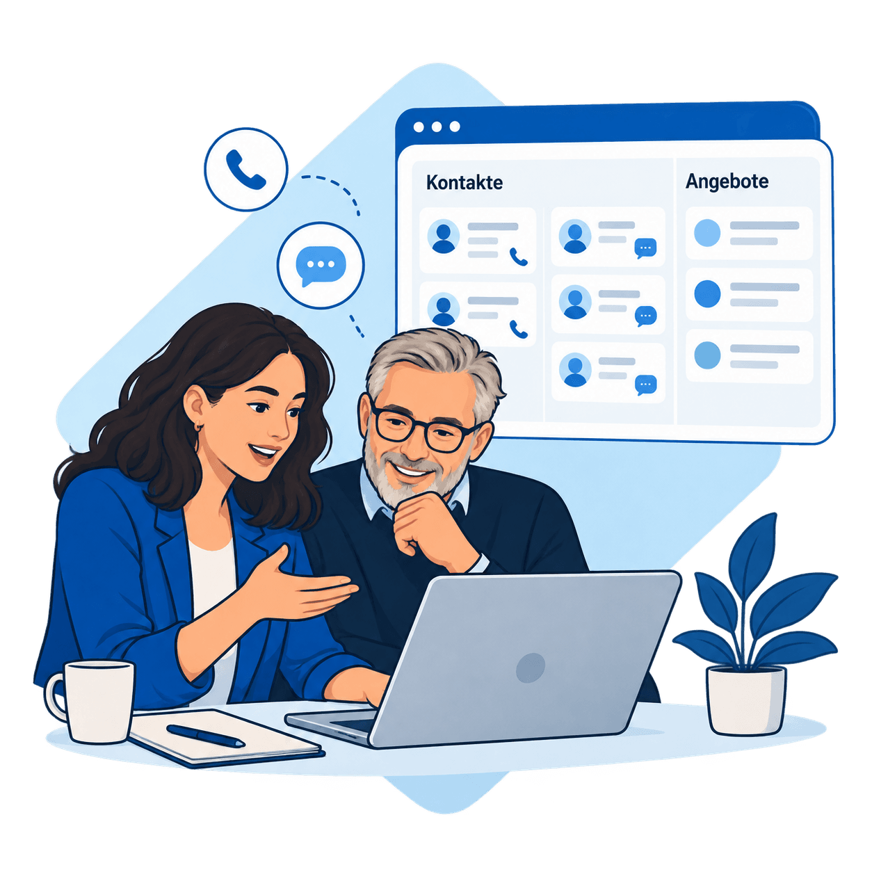 Ein illustriertes Vertriebsteam ordnet Kundenkontakte und Angebote in einem CRM.